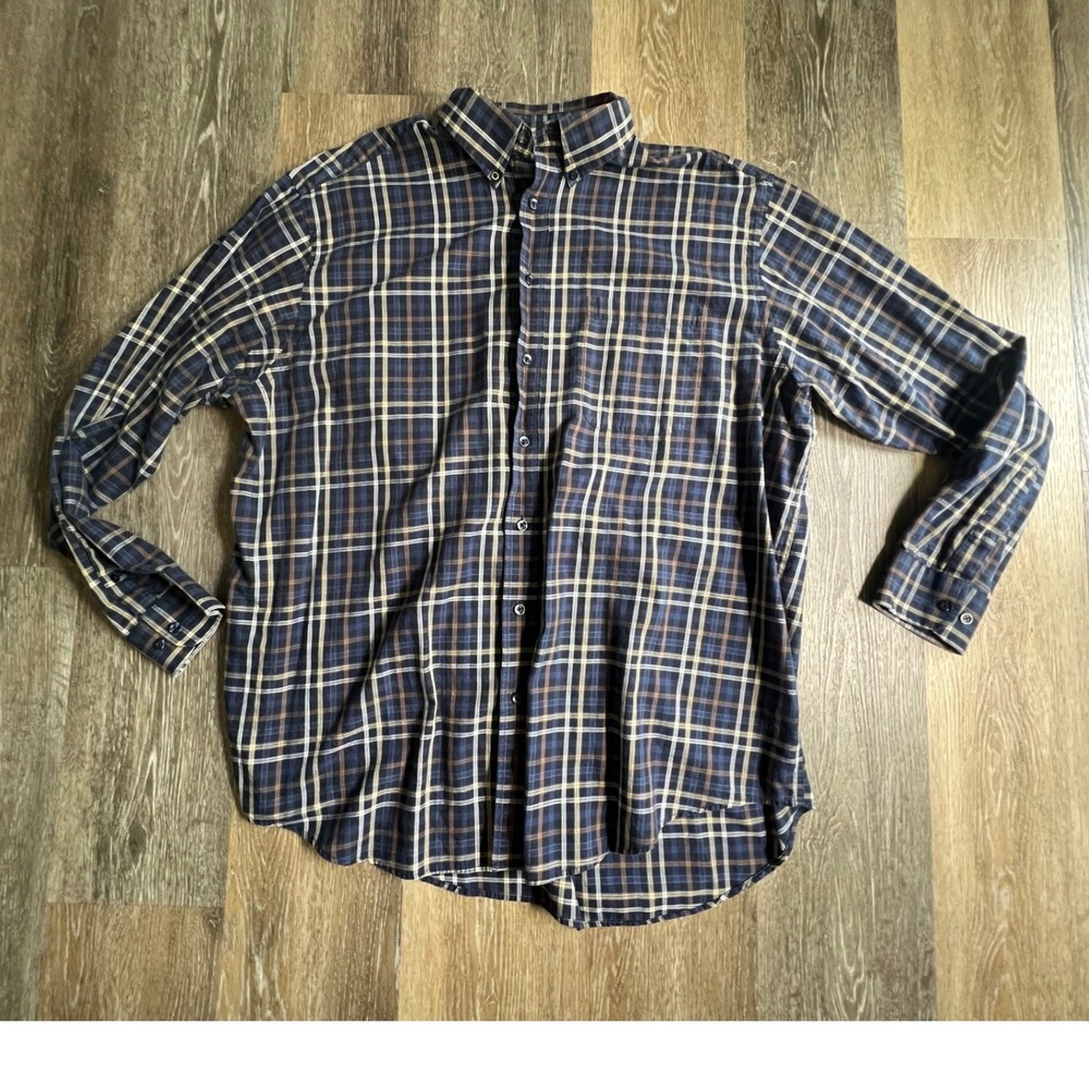 Roundtree & Yorke Button Down Shirt Mens 2XT Blue Plaid Long Sleeve Cotton Tall